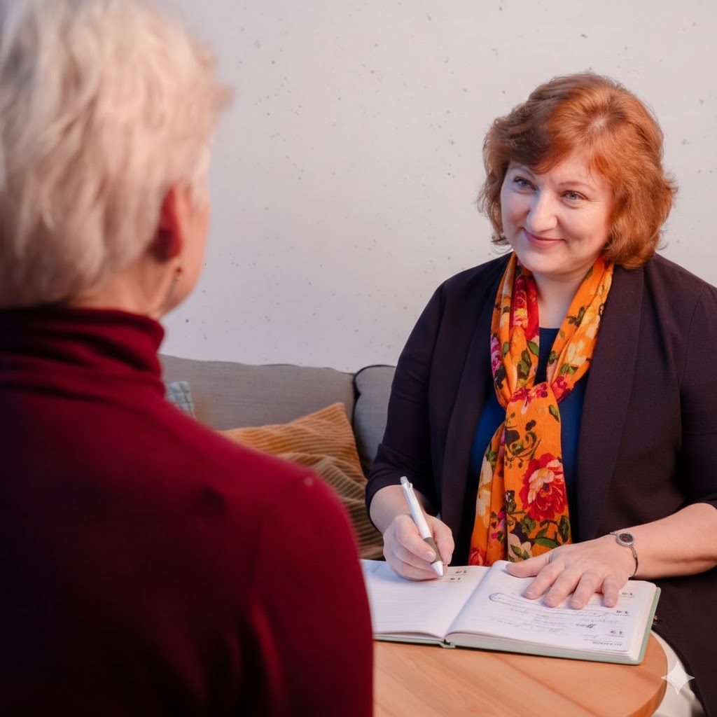 Aneta taking notes during a coaching session with a client